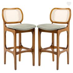 Imagem de Kit 2 Banquetas para Cozinha Americana Decor Encosto Rattan Madeira Imbuia Linho Verde L84 rmi