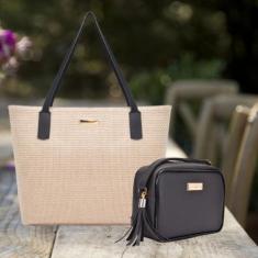 Imagem de Bolsa Feminina Kit Com 2 peças Sacola Palha e Quadrada Básica  Verão -