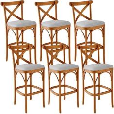 Imagem de Kit 06 Banquetas Altas Cozinha Bancada Bar Sala de Jantar Estofada Ávila L02 Linho Cinza - Lyam