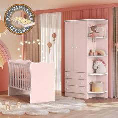 Imagem de Quarto de Bebê Doce Sonho com Roupeiro 825 e Berço Simples 1 Qmovi Rosa Acetinado + Colchão Gazin