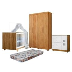 Imagem de Quarto de Bebê Berço Mini Cama com Colchão, Cômoda 1 Porta 4 Gavetas e Roupeiro 4 Portas 3 Gavetas Branco/madeirado Ypê