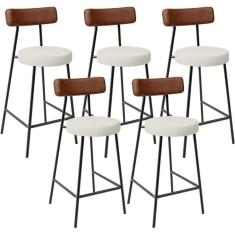 Imagem de Kit 05 Banquetas Baixa Cozinha Sala Jantar Milão L02 Couríssimo Marrom Linho Champagne - Lyam Decor