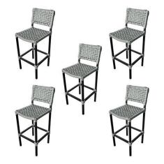 Imagem de Kit 5 Banquetas Gourmet Alta Assento Curvo França em Aluminio e Corda 