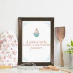 Imagem de Quadro Cozinha Frase Sobremesa 33x43cm Moldura Marrom