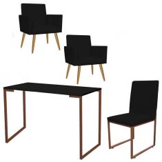 Imagem de Kit Escritório Stan 2 Poltronas com Cadeira e Mesa Industrial Tampo Preto Bronze Suede Preto - Ahz Móveis
