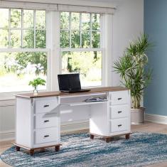 Imagem de Escrivaninha 6 Gavetas Suporte de Teclado e Divisor de Ambiente 50606 Linz Móveis - Branco/Imbuia