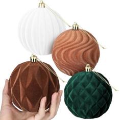 Imagem de Blueweenly 4 peças de enfeites de bola de Natal grande de veludo de 10 cm vintage enfeites de bola de plástico de Natal flocados enfeite de pendurar para festa de Natal, casamento, decoração de casa