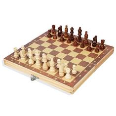 Imagem de lifcasual Jogo de xadrez de madeira dobrável conjunto de tabuleiro de xadrez magnético com armazenamento interior adultos crianças portátil viagem jogo de tabuleiro de xadrez