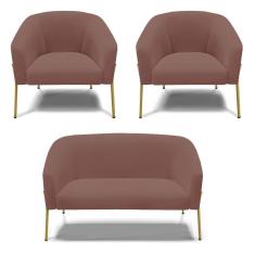 Imagem de Sofá Namoradeira E 2 Poltronas Pé De Ferro Dourado Stella Veludo D03 - D'rossi Cor Rose