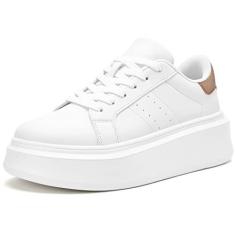 Imagem de Akk Tênis de plataforma branca para mulheres – Tênis de caminhada de couro clássico ultraleve, confortável, com cadarço, moderno, casual, para uso interno e externo, viagens e trabalho, Branco/Ouro,