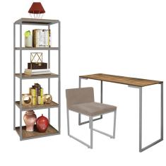 Imagem de Kit Escritório Ravi 1 Cadeira Suede Bege com 1 Mesa e 1 Livreiro Ferro Cinza MDF Caramelo - Ahazzo Móveis