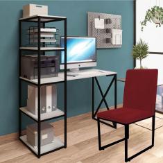 Imagem de Kit Escritório Mesa Max BeX 5 Prateleiras e Cadeira Stan Preto Tampo Branco Suede Vermelho - Ahz Móveis