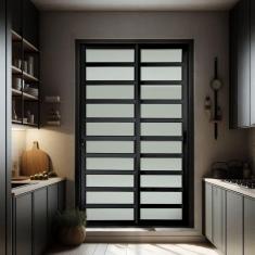 Imagem de Porta de Correr com Travessas 2 Folhas Moveis 210 X 150 Elite com Fechadura Tetra Vidro Liso Preto