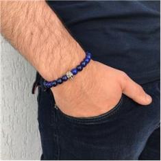 Imagem de Pulseira Masculina Pedra Lápis Lazuli Caveira e Beads