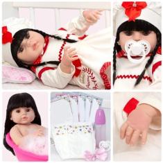 Imagem de Boneca Reborn Realista Morena 46cm Olho Castanho 13 Itens