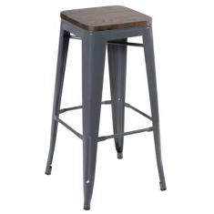 Imagem de Banqueta Alta Iron Tolix Com Assento De Madeira Rústica Escura - 76 Cm