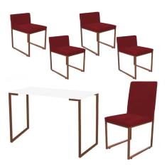 Imagem de Kit Mesa Escrivaninha com Cadeira Stan e 4 Poltronas Lee Tampo Branco Ferro Bronze Suede Vermelho - Ahz Móveis