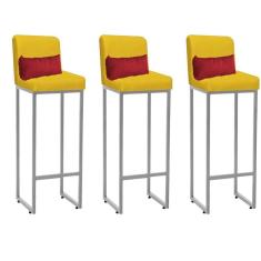 Imagem de Kit 03 Banqueta Alta com Encosto Lucca Industrial Cozinha Balcão Ferro Cinza Sintético Amarelo e Almofada Vermelho - Ahazzo Móveis