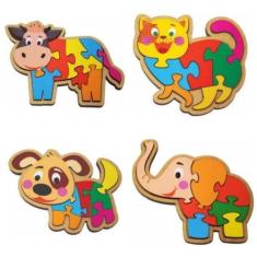 Imagem de Kit Com 4 Quebra Cabeça Dos Animais Madeira Lindos - Brinque E Leia