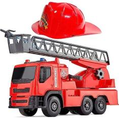 Imagem de Caminhão de Bombeiros Esguicha Àgua Escada Articulada + Chapéu Capacete Infantil