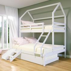 Imagem de Treliche Casinha Casal/Solteiro Slim RB e Mini Escada/Escorregador Madeira Maciça Branco Housin