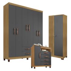 Imagem de Guarda Roupa Casal Modena com 6 Portas com Cômoda Sapateira Cannes e Armário Multiuso Versatile Carvalho Americano Grafite - Incorplac