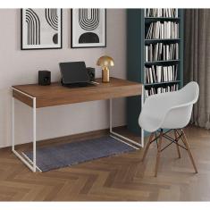 Imagem de Escrivaninha Home Office Estilo Industrial Malta Amêndoa 137x53cm Ferro Branco com 1 Poltrona Branca