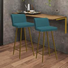 Imagem de Kit Mesa Suspensa de Parede Fixa MDF Freijó + 2 Banquetas Lexi Ferro Dourado Suede Azul Turquesa - Ahazzo Móveis