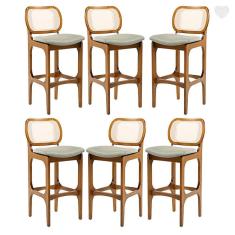 Imagem de Kit 6 Banquetas para Área Gourmet Decor Encosto Rattan Madeira Imbuia Linho Verde L84 RMI
