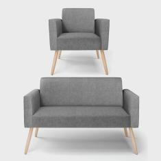 Imagem de Sofá Namoradeira com Poltrona Pés Palito Natural Marisa Linho Grafite A26 D03 - D'Rossi