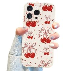 Imagem de Jusy Capa de telefone Coquette Bow para iPhone 14 Pro, linda fita vermelha cereja laço estética capa macia para mulheres meninas - bege branco