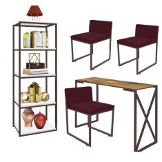 Imagem de Kit Escritório Bex 3 Cadeiras Suede Bordô com 1 Mesa e 1 Livreiro Ferro Marrom MDF Carvalho - Ahazzo Móveis