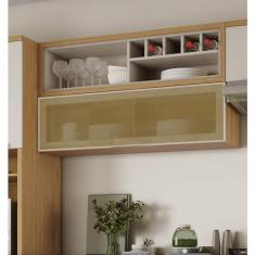 Imagem de Armário Aéreo de Cozinha 120cm 1 Porta Horizonal Vidro Reflecta e Nicho Garrafeiro New Porto Mdf Freijó/Off White