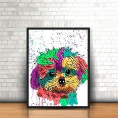 Imagem de Quadro Animais Coloridos Cachorro Shitzu Moldura 30x40cm