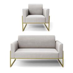 Imagem de Sofá Namoradeira Com Poltrona Base Industrial Alta Dourado Marisa Veludo Cinza D03 - D\`rossi