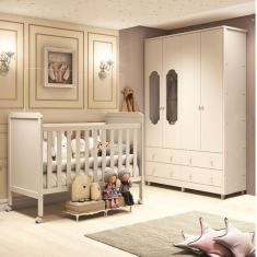 Imagem de Quarto de Bebê Completo Guarda Roupa com Janelas e Berço Mini Cama 100% MDF Mateo Espresso Móveis Branco