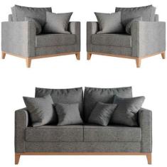 Imagem de Kit Sofá 2 Lugares E 2 Poltronas Beny Base Em Madeira Maciça Linho Gra