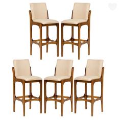 Imagem de Kit 5 Banquetas Alta para Balcão Lisboa Madeira Imbuia Linho Bege M58 rmi
