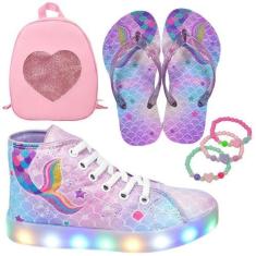 Imagem de Tênis Botinha Infantil Led Feminino Sereia Casual +Mochila+Pulseira+Ch
