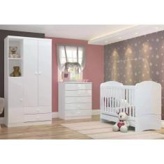 Imagem de Quarto de Bebê com Guarda Roupa 3 Portas Cômoda e Berço Faz de Conta Espresso Móveis Branco/Branco/Rosa