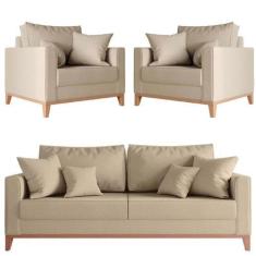 Imagem de Kit Sofá 3 Lugares e 2 Poltronas Beny Base em Madeira Maciça Linho Beg