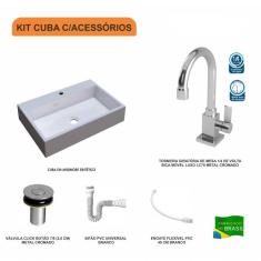 Imagem de Kit Cuba RT55 com Torneira Luxo 1195 Metal e Válvula Click 1 Polegada B e Sifão Pvc e Flexível Compace 