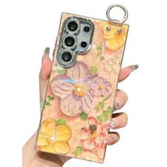 Imagem de BANAILOA Capa protetora para S24 Ultra compatível com Samsung Galaxy S24 Ultra, lindas flores luxuosas com alça de pulso brilhantes e strass brilhantes para mulheres e meninas capa protetora para S24