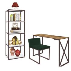 Imagem de Kit Escritório Bex 1 Cadeira Suede Verde com 1 Mesa e 1 Livreiro Ferro Marrom MDF Caramelo - Ahazzo Móveis