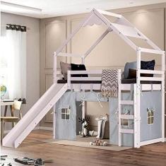 Imagem de Cama Infantil Divertida Altura 125cm com Escorregador, Telhado Lua e Tenda Casatema Branco/cinza