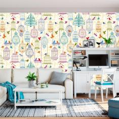 Imagem de Papel Parede Gaiolas Coloridas Passarinho Adesivo Decorativo