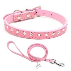 Imagem de Conjunto de coleira e coleira para filhotes de cachorro com diamante de cristal colorido brilhante para meninas e gatos rosa P