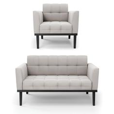 Imagem de Sofá Namoradeira E Poltrona Base De Madeira Preto Elisa Veludo D03 - D'rossi Cor Cinza