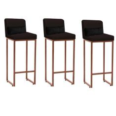 Imagem de Kit 03 Banqueta Alta com Encosto Lucca Industrial Cozinha Balcão Ferro Bronze Corino Marrom e Almofada Preto - Ahazzo Móveis