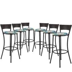 Imagem de Jogo Com 6 Banquetas Altas Forts Fibra Uv Bancada, área Goumert, Bar, Piscina, Balcão, Floral Azul